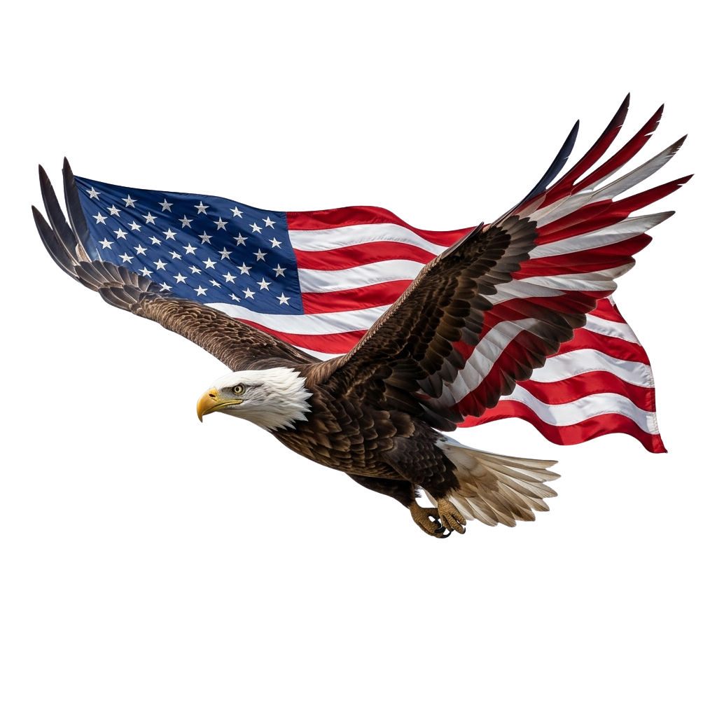 A bald eagle in flight with an American flag spread across its wings