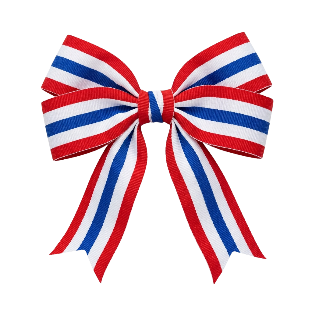 A decorative bow made of red, white, and blue striped ribbon tied in a classic bow shape.