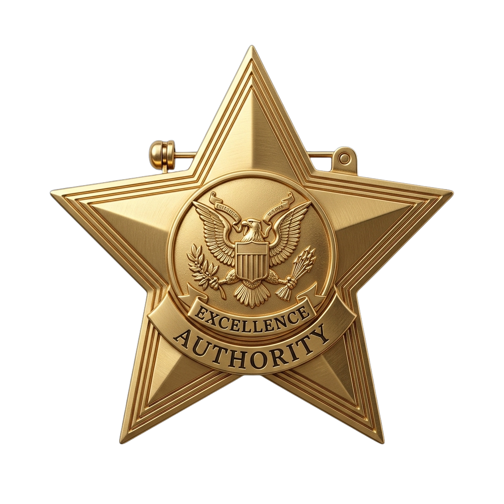 Gold star-shaped badge featuring an eagle emblem and text reading Excellence Authority