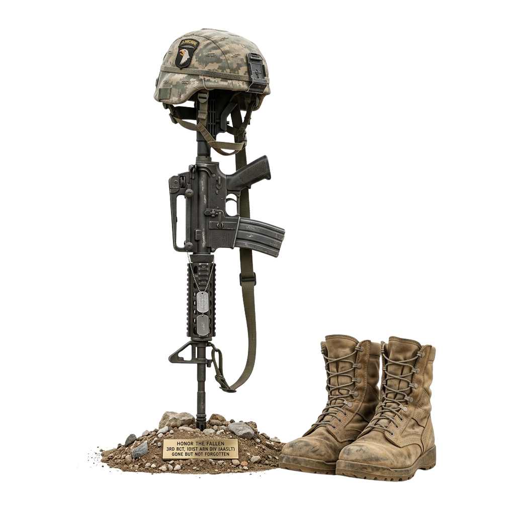 A memorial statue featuring a helmet, rifle, and boots with a plaque reading Honor the Fallen.