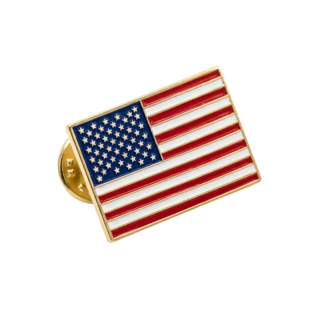 Gold-toned metal cufflink featuring the American flag design with stars and stripes