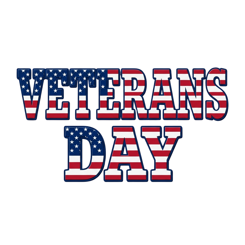 Veterans Day text with American flag colors and stars