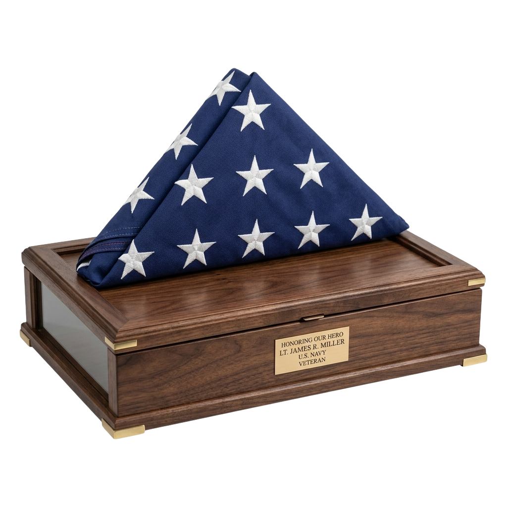 Wooden display box with folded American flag and engraved plaque honoring a Navy veteran