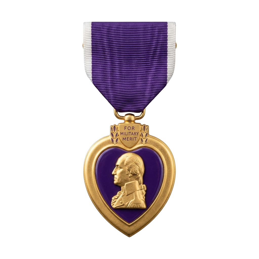 Gold medal with purple heart shape and profile bust, suspended from purple and white ribbon labeled For Military Merit