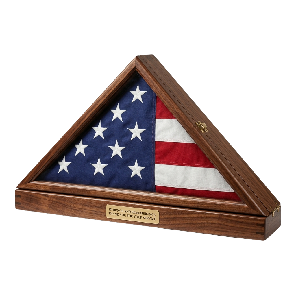 Triangular wooden display case holding a folded American flag with a plaque reading In Honor and Remembrance Thank You for Your Service