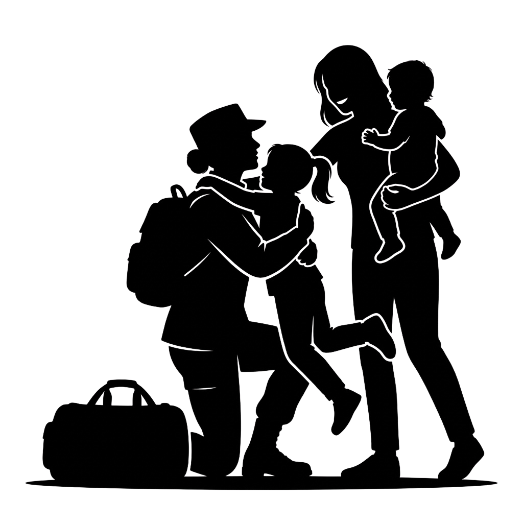 Minimalist line drawing of abstract human-like figures on a dark background