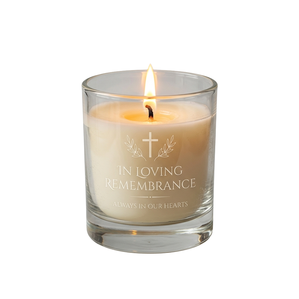 Clear glass candle with a lit wick, engraved with a cross and the words In Loving Remembrance Always in Our Hearts