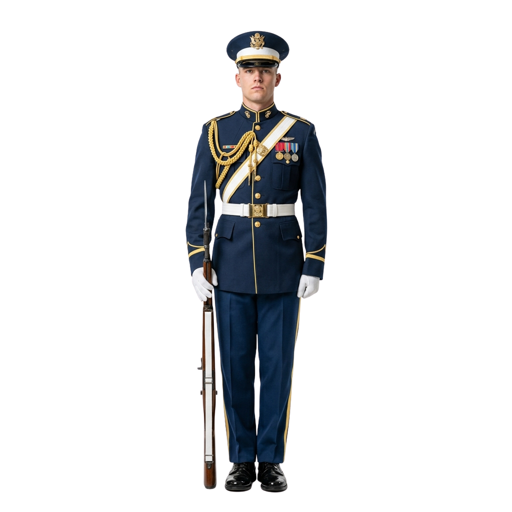 Person in formal military dress uniform holding a rifle, wearing white gloves and medals on chest