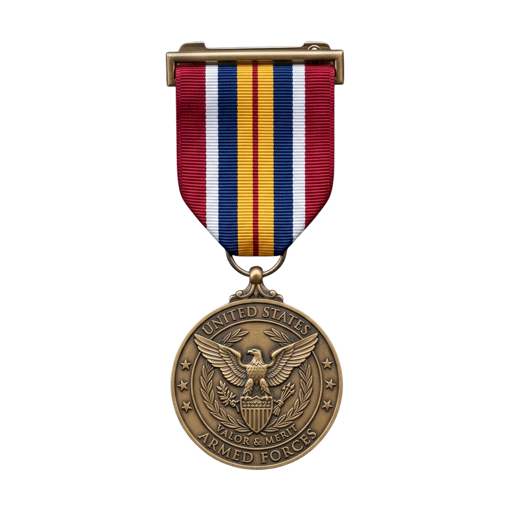 Military medal featuring an eagle emblem and Valor ribbon with red, white, and yellow stripes