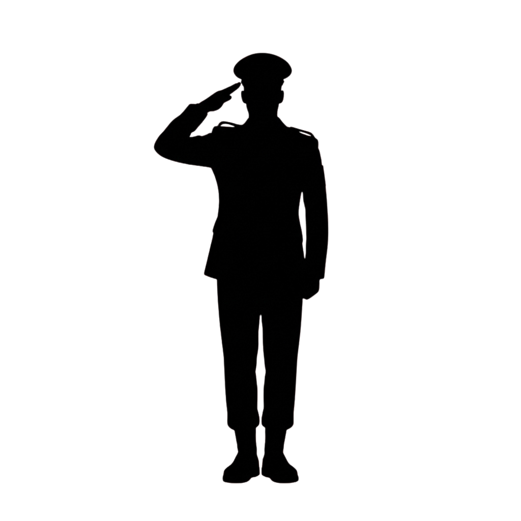 Silhouette of a person in a military uniform saluting against a dark background
