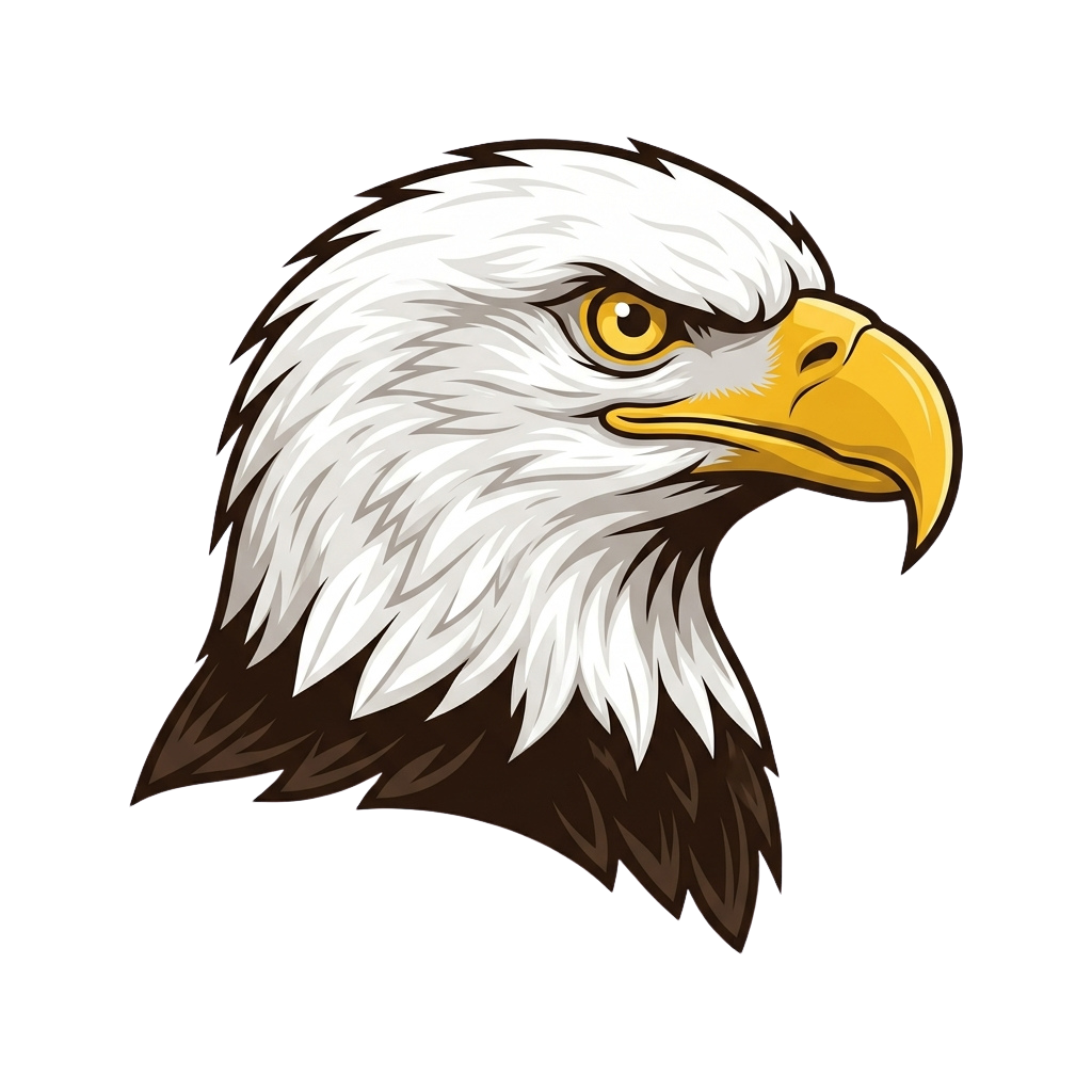 Illustration of a bald eagle head with white feathers, yellow beak, and golden eye facing left