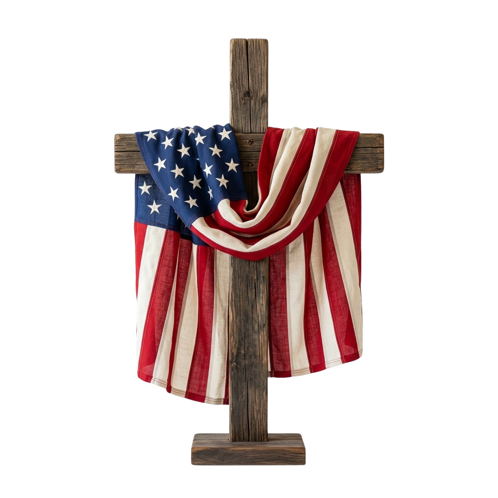 American flag draped over a wooden cross against a dark background
