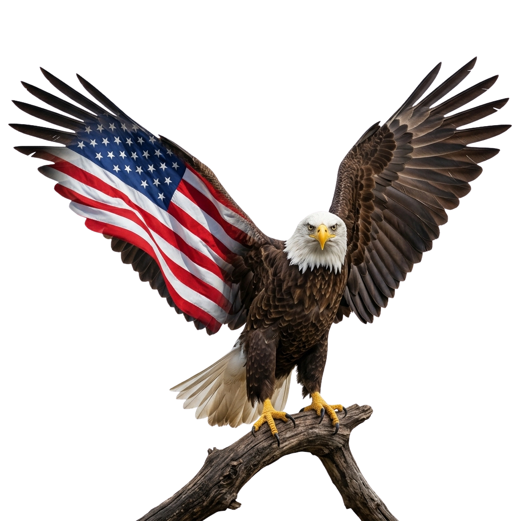 Bald eagle perched on a branch with its wings spread, holding an American flag