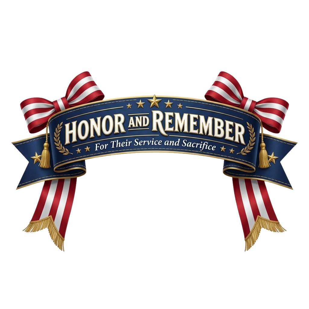 Blue ribbon with red white and gold bows displaying Honor and Remember for Their Service and Sacrifice