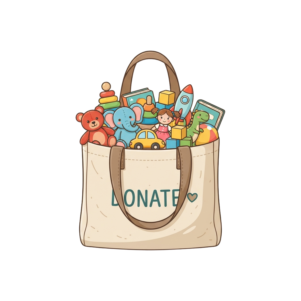 A beige tote bag filled with colorful children's toys and the word donate written on it