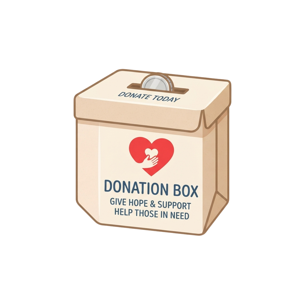 Illustration of a donation box with a heart logo and text encouraging donations to help those in need