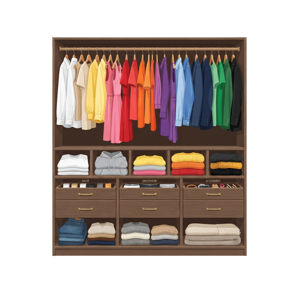 A neatly arranged closet with hanging clothes in various colors and folded items in labeled drawers
