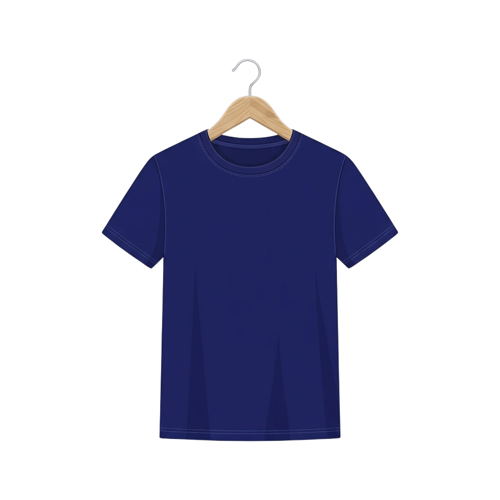A navy blue short sleeve t-shirt hanging on a wooden hanger against a black background