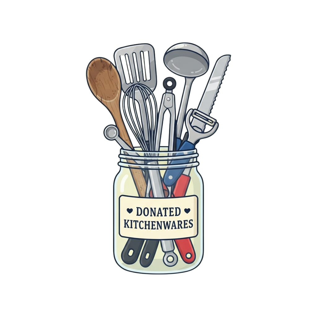 A jar labeled donated kitchenwares filled with various cooking utensils like spatulas, ladles, and whisks