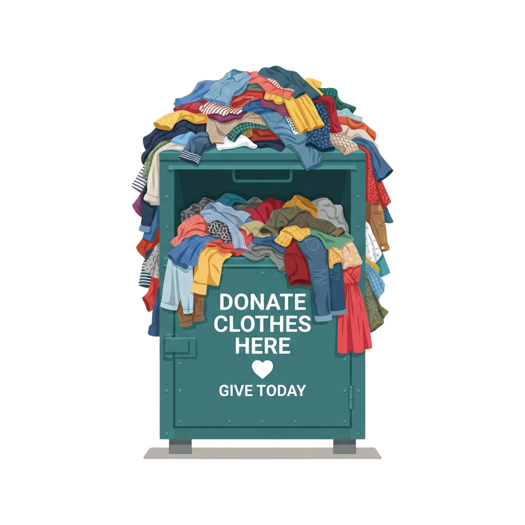 Illustration of a green donation bin overflowing with colorful clothes and a sign saying Donate Clothes Here Give Today