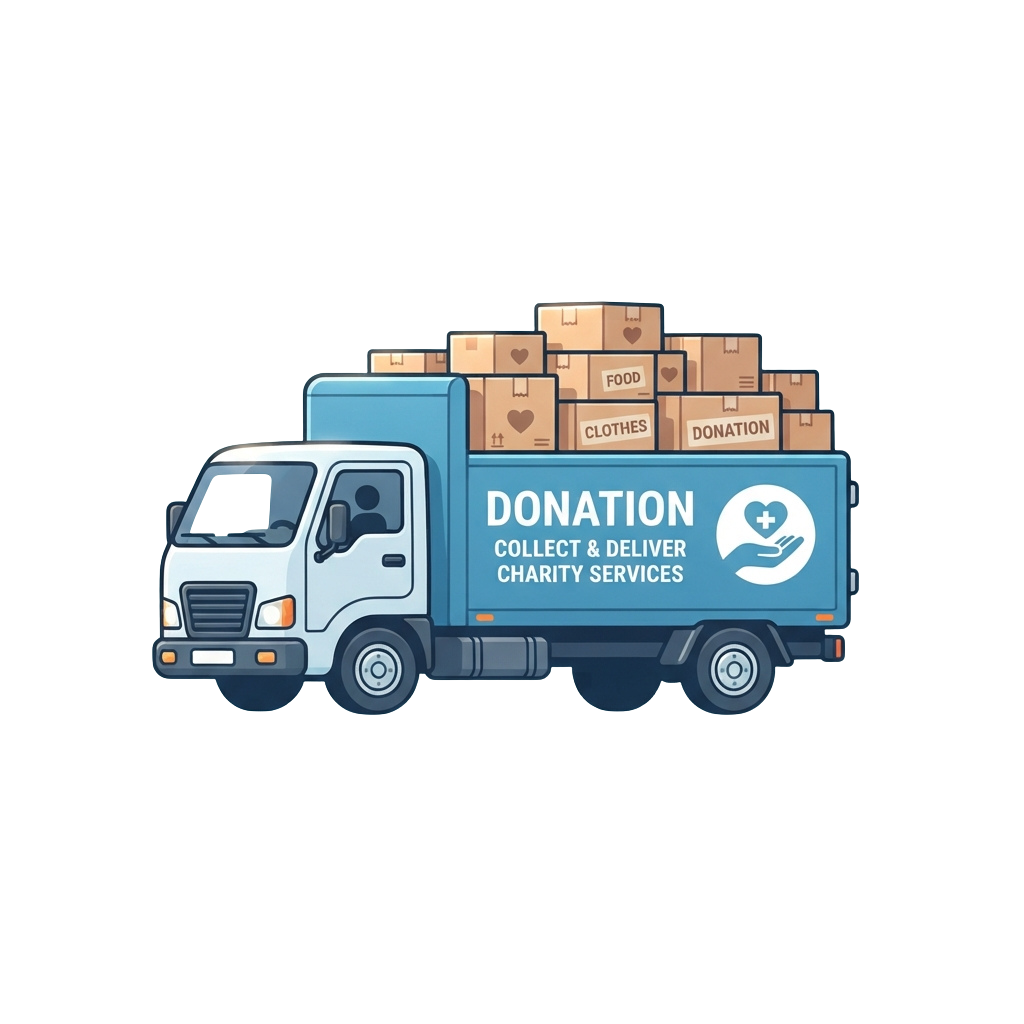 Illustration of a blue donation truck filled with boxes labeled food and clothes for charity services