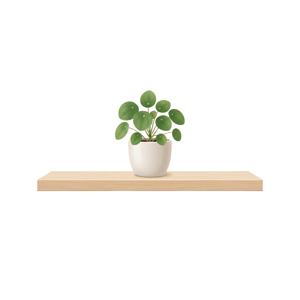 A small green succulent plant in a white pot placed on a light wooden shelf against a black background