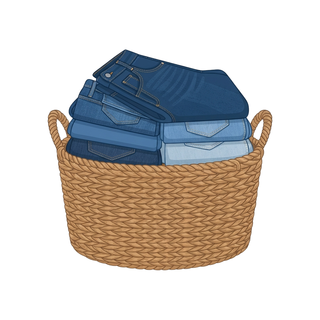 A wicker laundry basket filled with folded blue jeans of various shades.