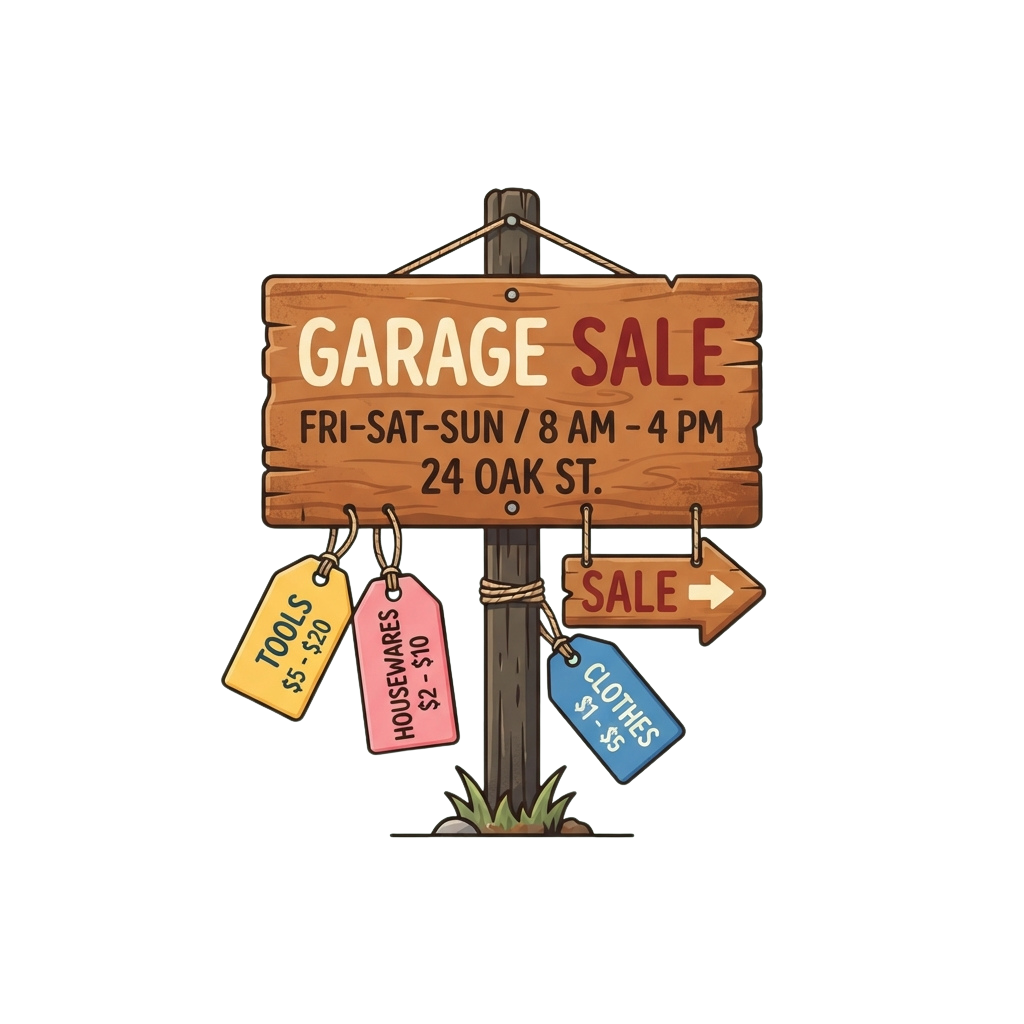 Garage sale sign displaying days, times, and price tags for tools, housewares, and clothes with an arrow pointing right.