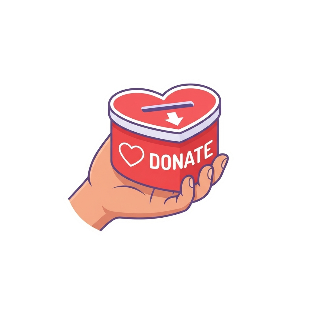 Illustration of a hand holding a heart-shaped donation box with a downward arrow pointing into it