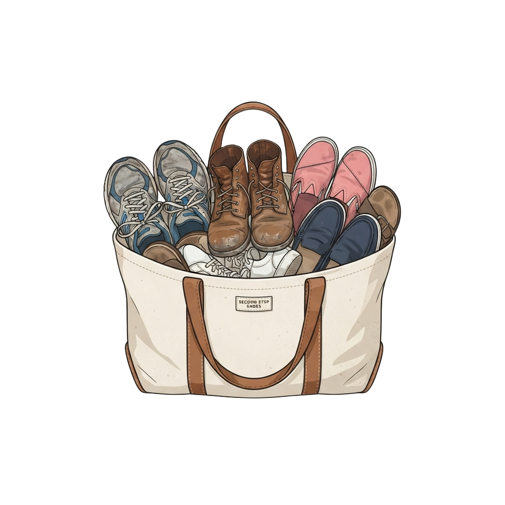 A tote bag filled with various pairs of shoes including sneakers, boots, and loafers.