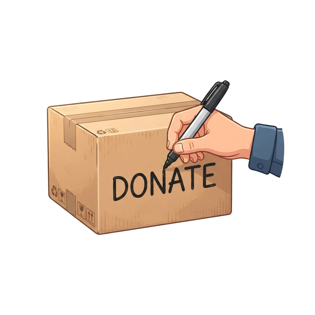 Illustration of a hand writing the word DONATE on a cardboard box with a smartphone nearby