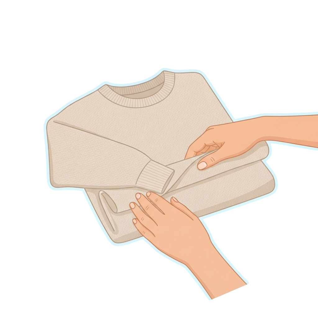 Illustration of hands measuring the sleeve length of a light-colored sweater.
