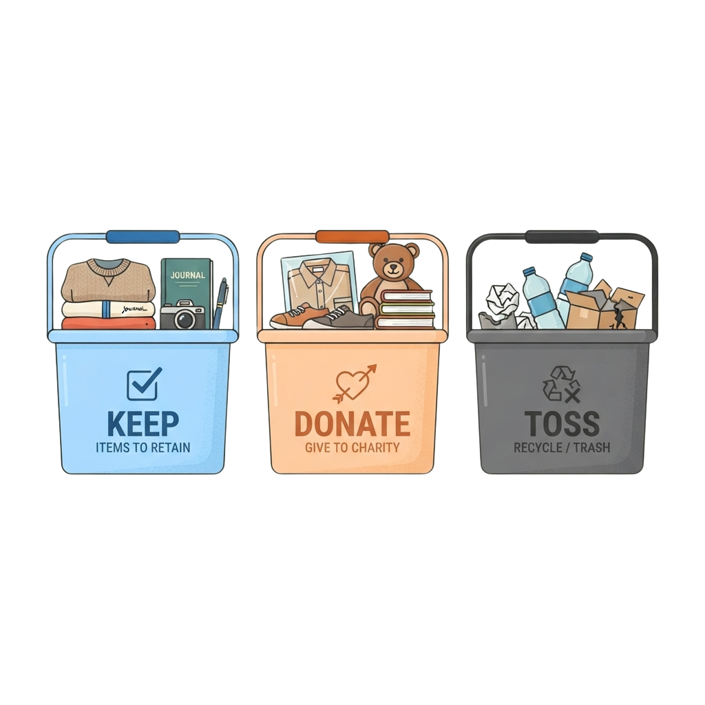 Three labeled bins for organizing items: Keep, Donate, and Toss with corresponding icons and example items