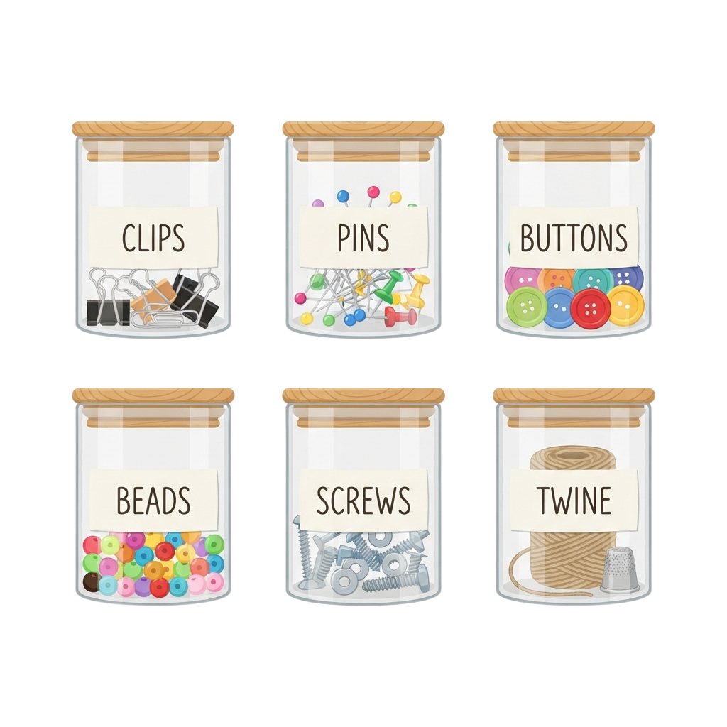 Six clear jars labeled with office supplies: clips, pins, buttons, beads, screws, and twine