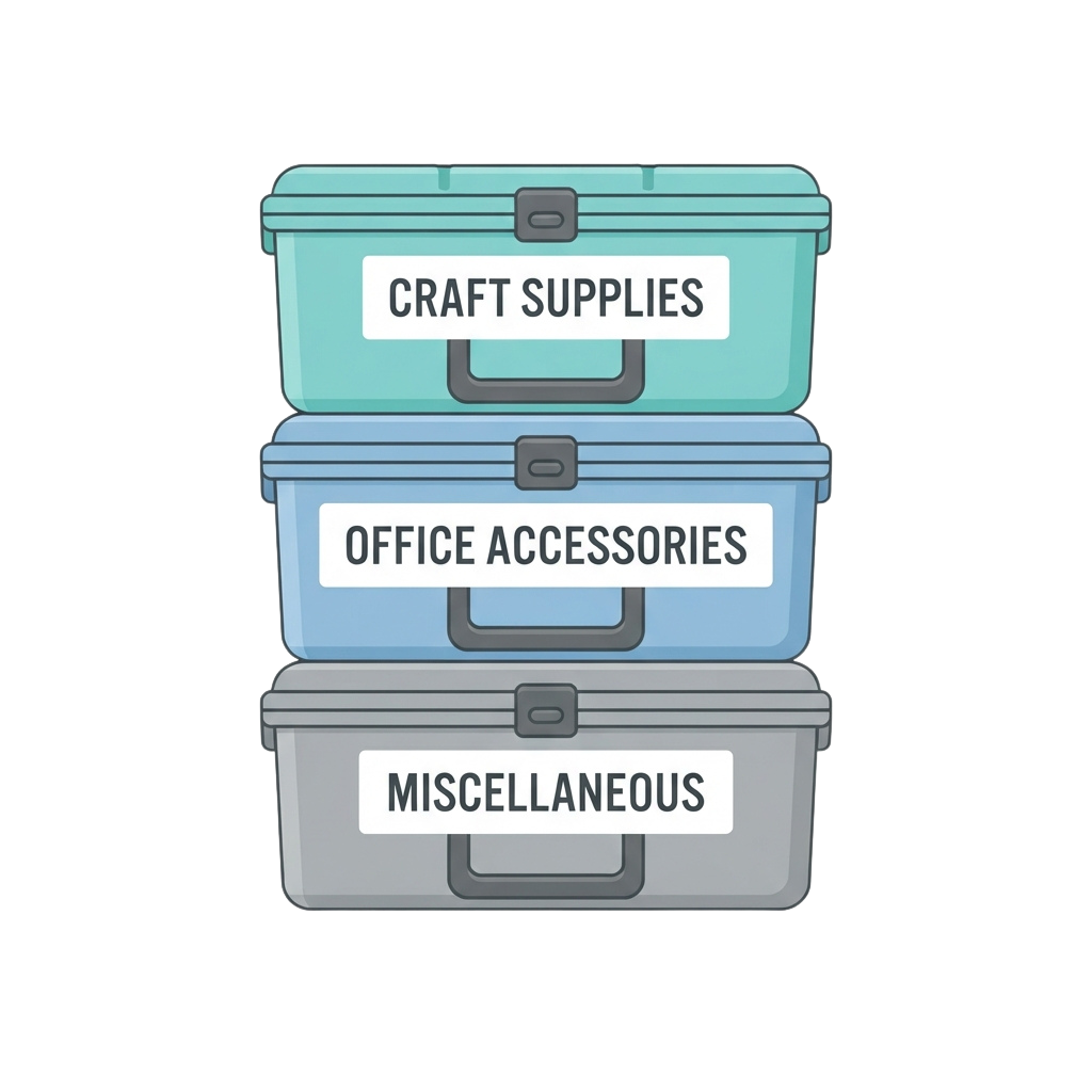 Three labeled storage boxes stacked vertically containing craft supplies, office accessories, and miscellaneous items