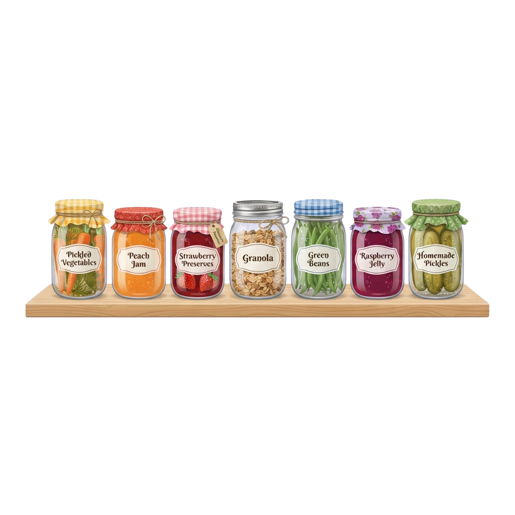 Six jars of preserved foods labeled pickled vegetables, peach jam, strawberry preserves, granola, green beans, and homemade pickles on a wooden shelf
