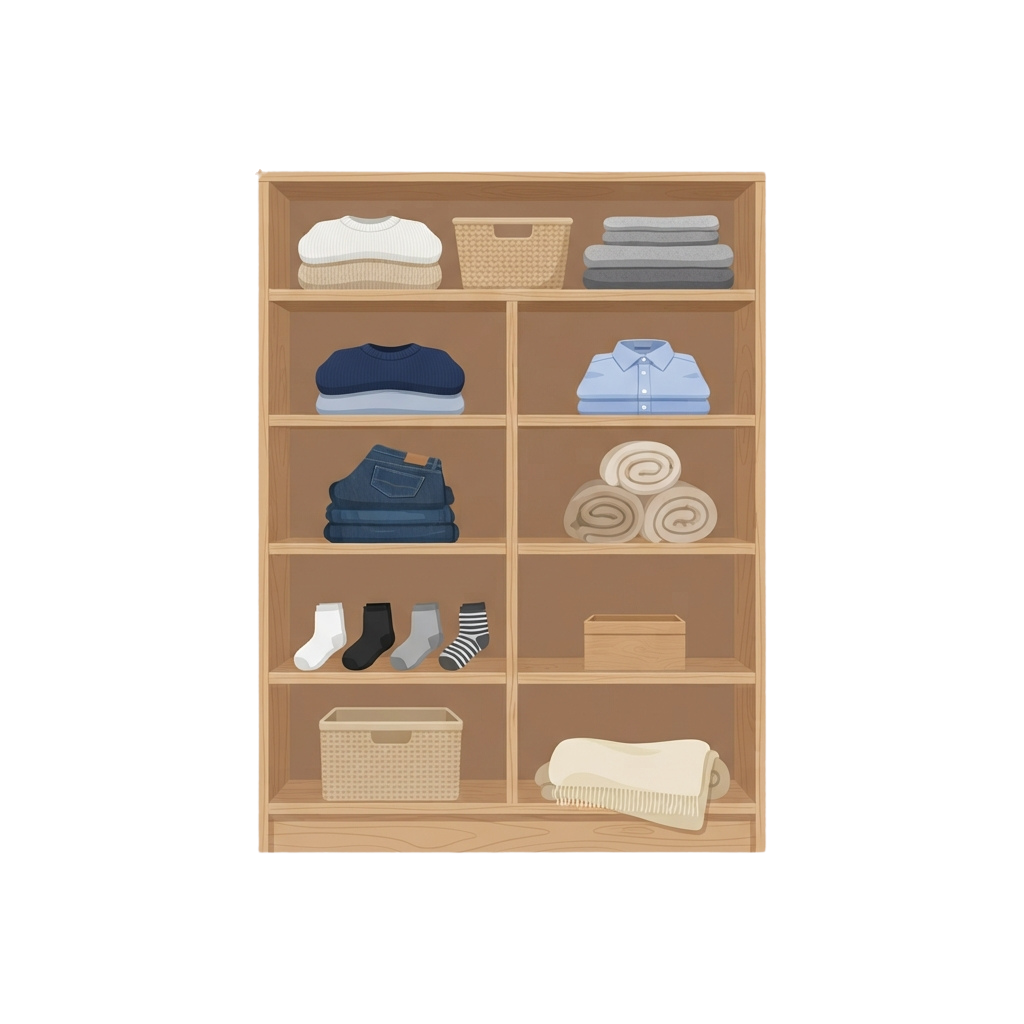 Wooden closet with neatly organized folded clothes, towels, socks, and baskets on shelves