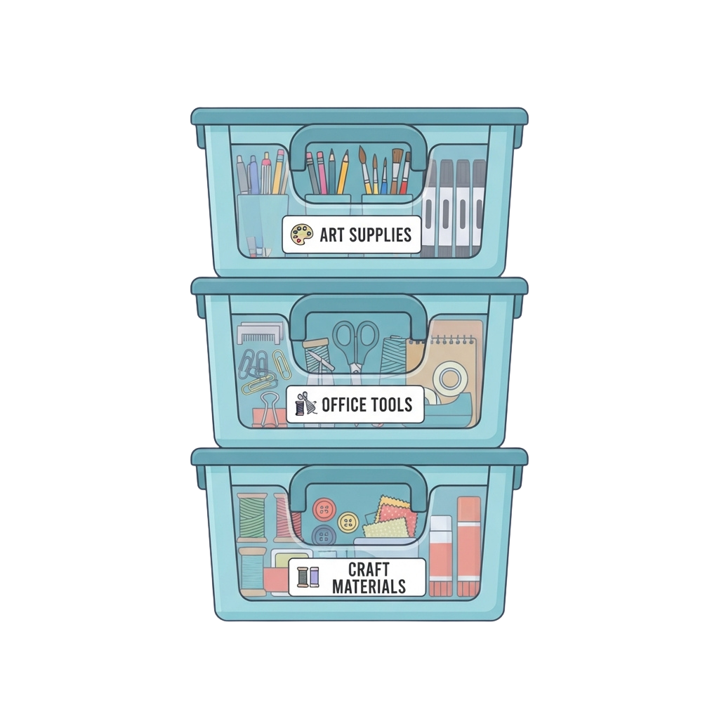 Three stacked labeled containers showing art supplies, office tools, and craft materials