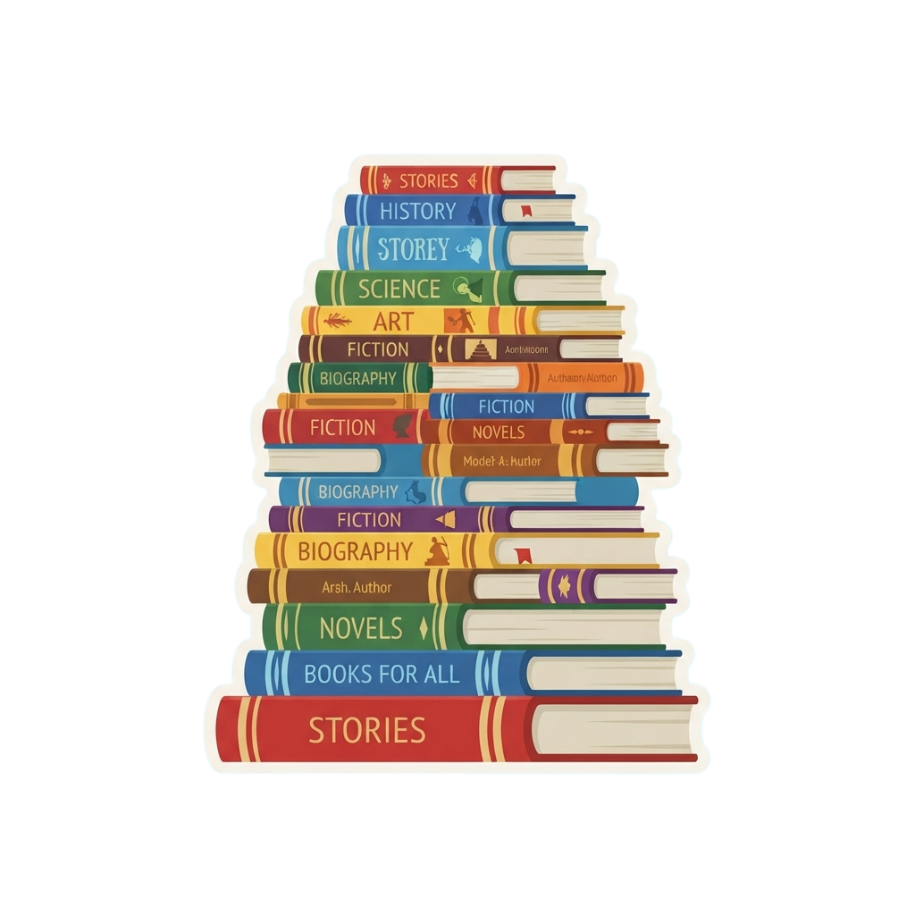 A pyramid-shaped stack of colorful books labeled with different genres like stories, history, science, art, fiction, biography, and novels