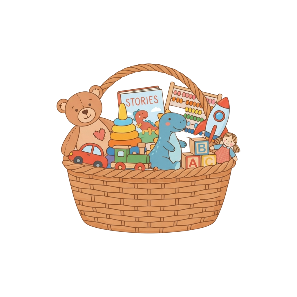 A wicker basket filled with various children's toys including a teddy bear, dinosaur, blocks, cars, books, and an abacus