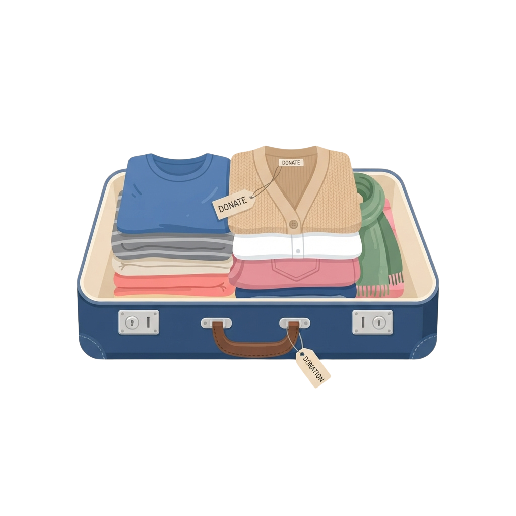 Open blue suitcase filled with folded clothes and accessories, labeled with donation tags.