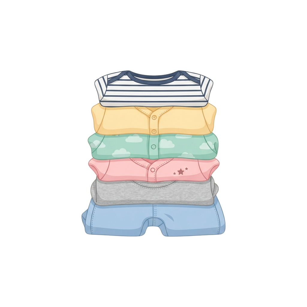 Illustration of a stack of baby clothing items including a vest, shirts, diaper, and shorts