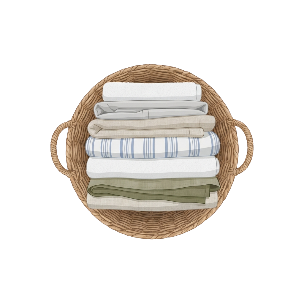 A wicker laundry basket holding a stack of folded towels in various colors and patterns