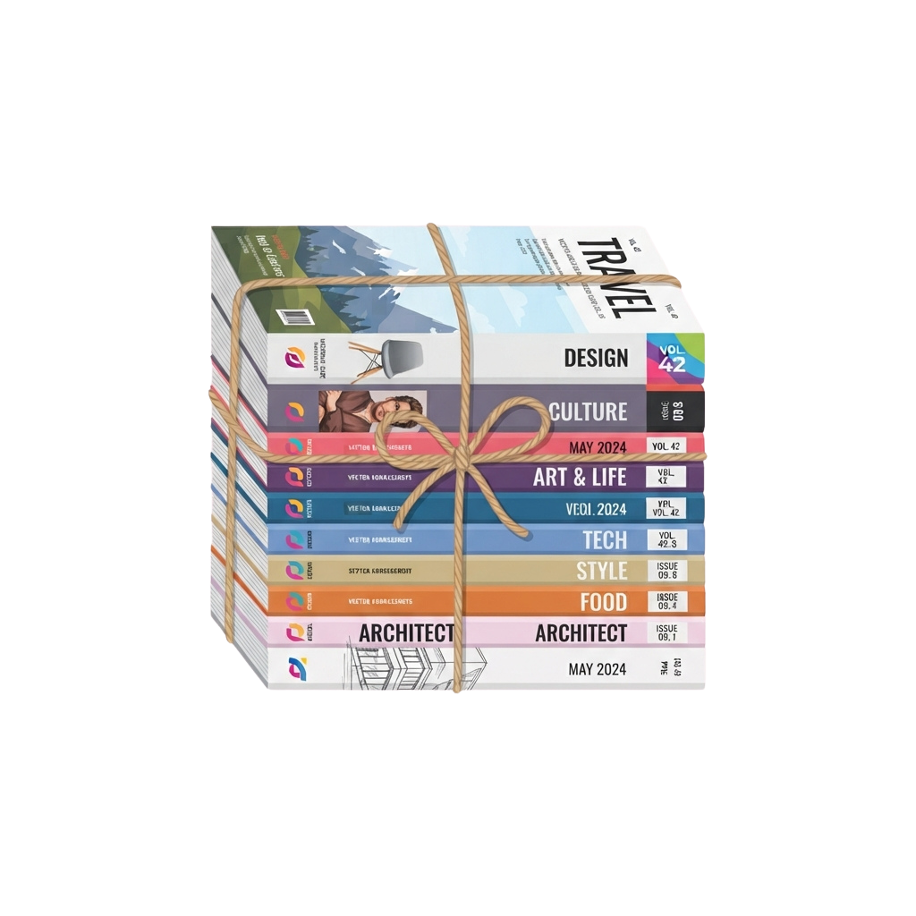 Stack of colorful magazines tied with twine featuring topics like travel, design, culture, and architecture from May 2024.