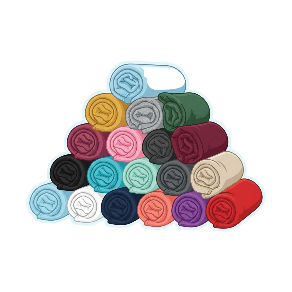 A pyramid-shaped stack of rolled microfiber towels in various colors including red, blue, green, black, and white.