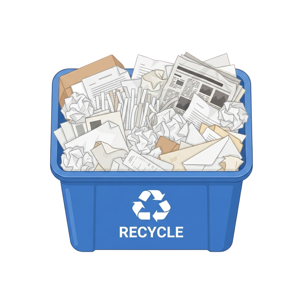 Blue recycling bin overflowing with crumpled paper, newspapers, and documents.