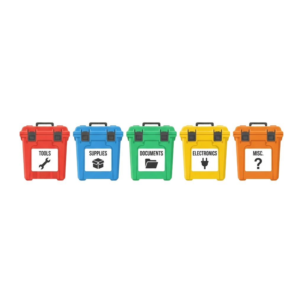 Five color-coded plastic bins labeled tools, supplies, documents, electronics, and miscellaneous