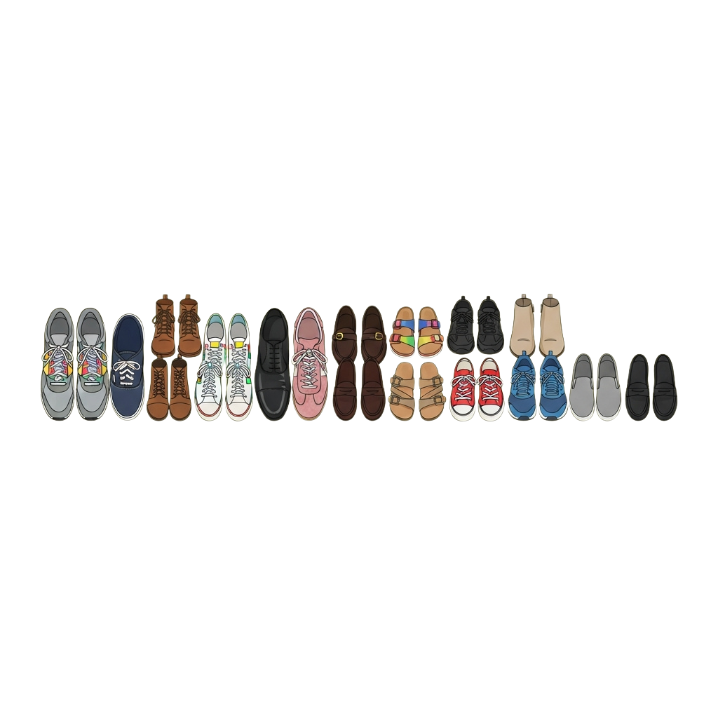A lineup of various colorful sneakers and casual shoes displayed side by side
