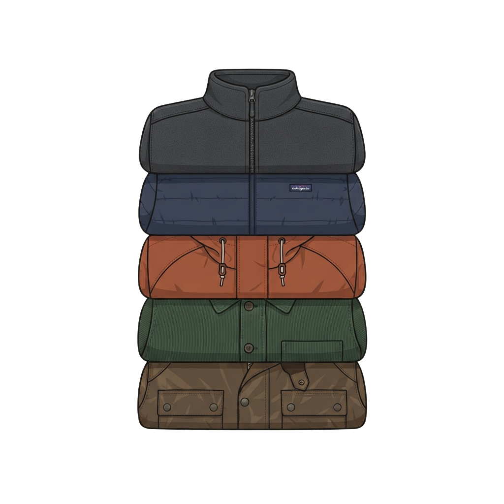 Illustration of a layered outfit with a gray vest, blue quilted jacket, orange shirt, green button-up, and brown cargo pants