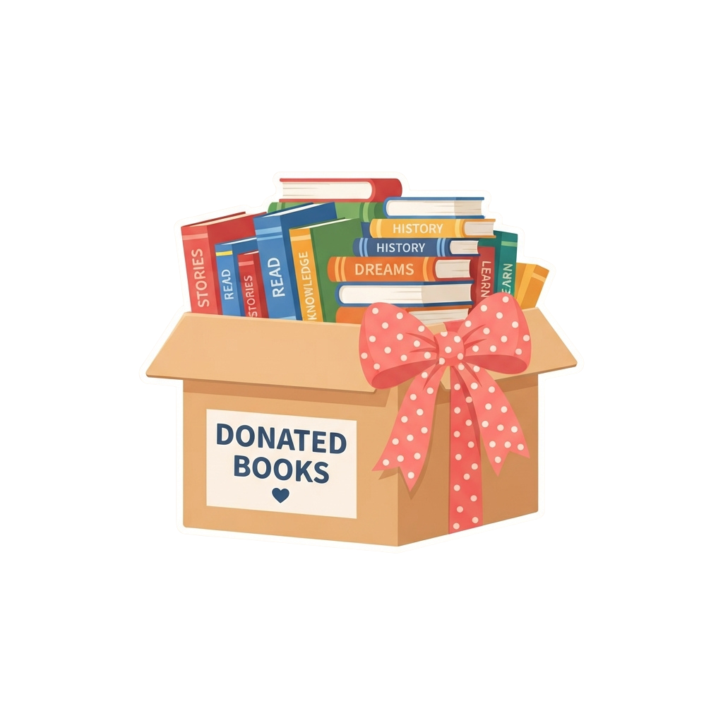 Illustration of a box labeled Donated Books with colorful books inside and a decorative ribbon on top
